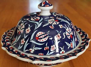 Handmade 12"x7" Turkish Iznik Navy Floral Pattern Ceramic Cini Bowl w/ Lid - Picture 1 of 6