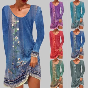 Women Floral Mini Dress Long Sleeve Casual Loose Party T-Shirt Dresses Size 8-18 - Picture 1 of 30
