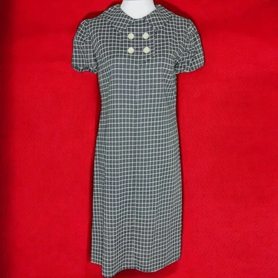 Vestido xadrez vintage cinza branco anos 60 carreira mexer Peter Pan colarinho botões pequeno - Imagem 1 de 4