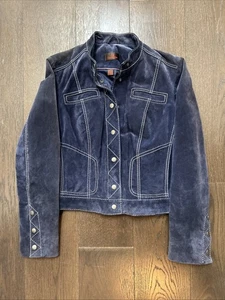 Chaqueta Danier de cuero genuino para mujer azul con bolsillos con cierre de botones talla M - Imagen 1 de 8