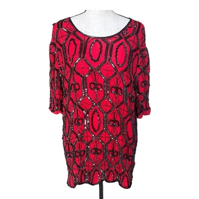 Carina Barry Lee 1X Red Silk Tunic Beaded Sequin Embellished Vintage India - Image 1 of 4