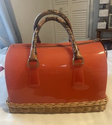Bolso Cartera FURLA Papaya Naranja Rojizo Mimbre Caramelo - Hecho en Italia Foto 1 de 4