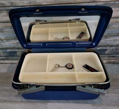 Estuche de tren cosmético azul Samsonite vintage con espejo, bandeja, etiqueta TWA + llave - ¡BONITO! Foto 1 de 4