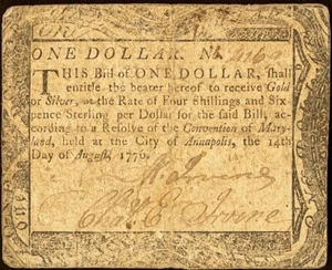 Maryland Colonial Currency August 14, 1776 $1 - Honest Wear Problem Free Note - Picture 1 of 2