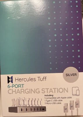 Hercules Tuff LED Charging Station for Multiple Devices 6 USB Fast Ports, SILVER - Image 1 of 3