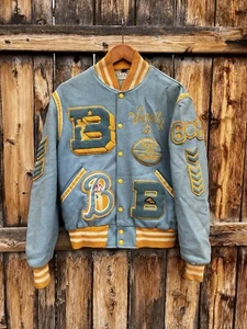 1964 Varsity Jacket Wool & Leather Basketball Football Baby Blue & Gold Medium - Picture 1 of 12