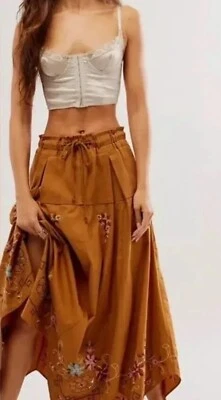 Maxi Falda Free People Arielle Floral Cottagecore Bordado Boho Marrón Talla XS Foto 1 de 4