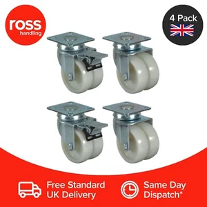 Set of 4 - 50mm Polyamide Castors Plate Fitting - Twin Wheel Higher Load UK - Picture 1 of 2