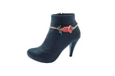 Women Gold Metal Chain Boot Bracelet Shoe Red Flower Charm - Image 1 of 4