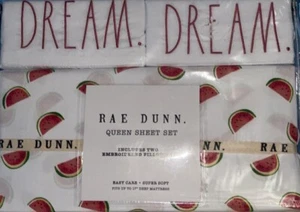 Rae Dunn "DREAM" Watermelon QUEEN Sheet Set Embroidered NEW - Picture 1 of 6