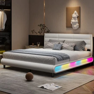 King Size Upholstered Platform Bed with LED Light Strips,White 9AAA - Picture 1 of 16