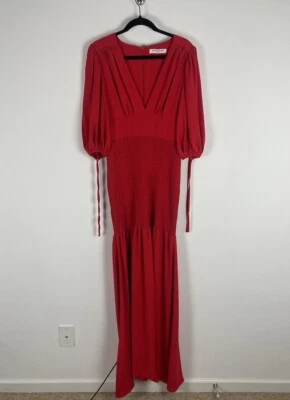 Amanda Uprichard Smocked Floor Maxi Dress Size Medium Red Long Sleeve V-Neck - Image 1 of 4
