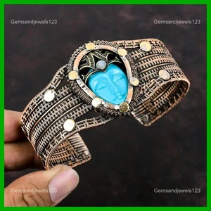Copper Blue Carved Face Stone Rainbow Moonstone Wire Wrapped New Bangle Jewelry - Picture 1 of 6