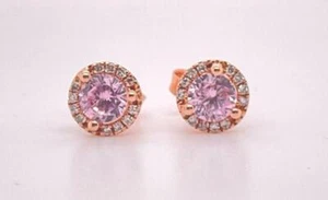 Delicados aretes de cuarzo rosa y halo de diamantes redondos de 0,18 quilates de oro rosa de 14 quilates - Imagen 1 de 5