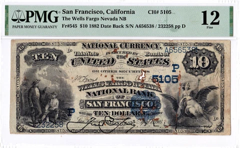 $10 1882 DB National Wells Fargo Nevada SAN FRANCISCO California CA PMG 12 Fine! Cover