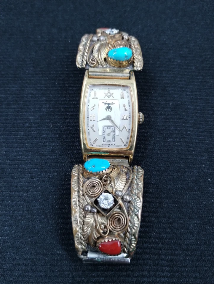 Reloj Hamilton Masónico Tank Hombres Esfera Plateada Tono Dorado Nueva Batería Navajo JC .925 Foto 1 de 4