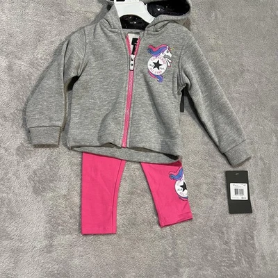 匡威 2 件套连帽打底裤套装学步女孩 18 个月粉色独角兽全明星 — 第 1/4 张图片