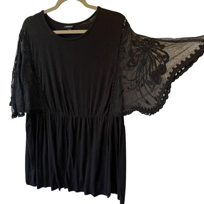 Blusa túnica tórrida 3X encaje mangas aleteadas negra cintura elástica top tejido holgado Foto 1 de 4