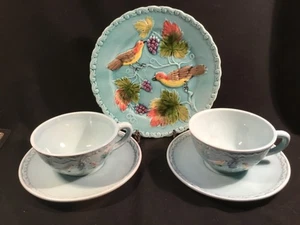 2 German Teacups & Saucer Majolica Birds and Grapes Zell c.1907-1928 + Bonus - Picture 1 of 7