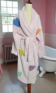 Vintage 90s Canyon Group Chenille Heart Robe Pink L RARE Original Thick Long EUC - Bild 1 von 13