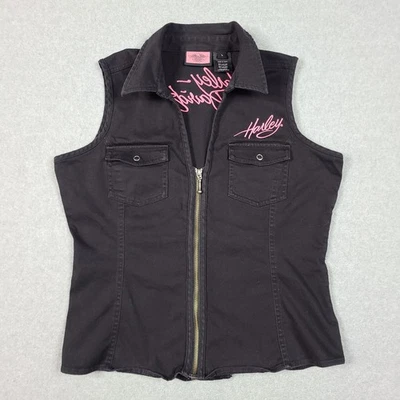 Harley Davidson Women's Vest Zip Front Pink Embroidery Back Lace Up Size L - Image 1 of 4