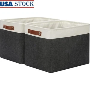 Large Collapsible Storage Bins W/ Leather Handles Decorative Baskets Organizing - Picture 1 of 7