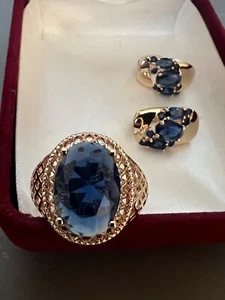 14k 585 Rolled Rose Gold Plated Natural Sapphire Ring Size 8 Earrings Set - Picture 1 of 5