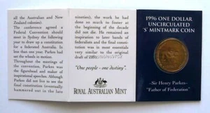1996 HENRY PARKES CENTENARY One Dollar Uncirculated Coin Mintmark S - Picture 1 of 1