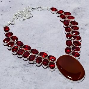 Red Carnelian, Garnet Gemstone Ethnic 925 Sterling Silver Necklace 18" h185