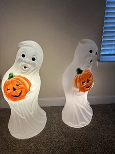 Halloween Blow Mold Ghost Pumpkin 36” General Foam Plastics USA Vintage Set Of 2 - Picture 1 of 6