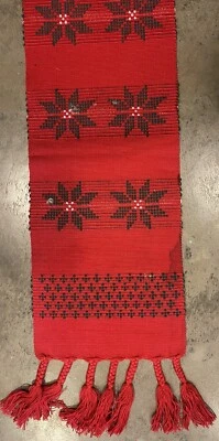 Vintage Christmas Table Runner Narrow Loom Woven Scarf Poinsettia Design Red - Image 1 of 4