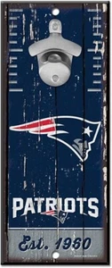 NEW ENGLAND PATRIOTS BOTTLE OPENER SIGN 5"X11" HARDBOARD W/ CAST METAL OPENER  - Picture 1 of 2