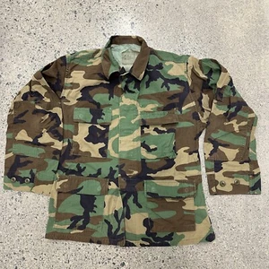 Vintage Military Medium Short Coat Hot Weather Woodland Camo Ripstop BDU Shirt - Picture 1 of 4