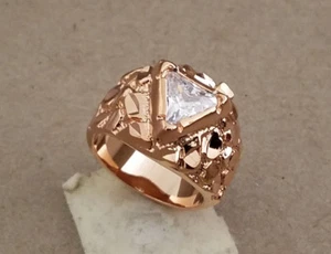 Men's Rose Pink Gold Plated Clear Trilliant Cut CZ Solitaire Nugget Ring 10
