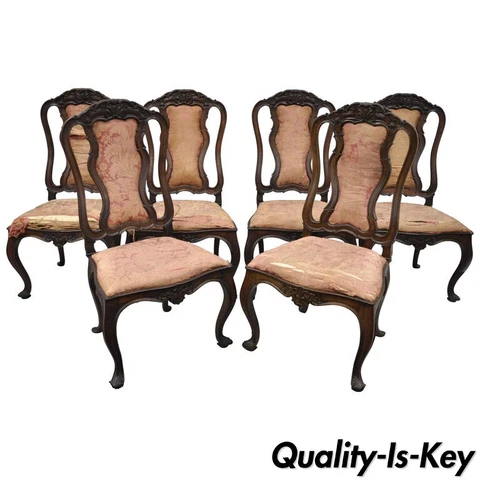 Set of Six Antique Italian Baroque Carved Walnut French Style Dining Chairs Cover