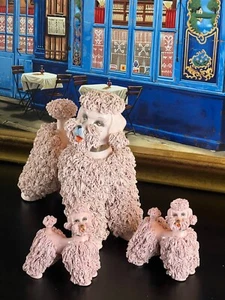 Large Vintage Cute Pink Spaghetti Poodle Porcelain Figurine and Two Puppies - Picture 1 of 10