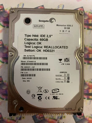 Hard Disk Usato IDE 2,5" 60GB SEAGATE ST960821A 9AH237-187 3.01 06265 WU - Immagine 1 di 4