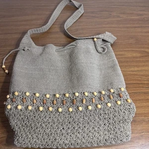 Handbag Crochet Messenger Crossbody Bead Handles Tan Boho Hippie - Picture 1 of 14