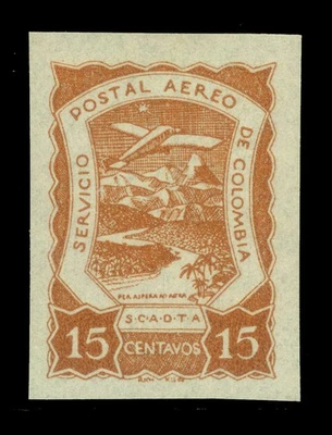 Correio aéreo COLÔMBIA 1921 SCADTA 15c amarelo. marrom IMPERFURADO - Sc# C27var em perfeito estado, sem marca de charneira XF - Imagem 1 de 2
