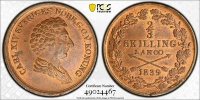 1839 Sweden 2/3 Skilling Banco KM#641 PCGS MS64 RB TOP POP Graded Mint State UNC - Image 1 of 4