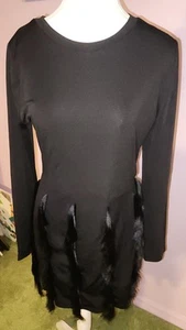 Women's XL Stretch Black Cocktail Dress With Fringe Skirt Long Sleeves - Picture 1 of 8