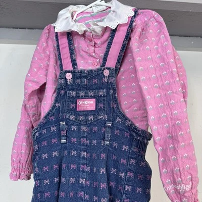 Vintage Meninas 6 Oshkosh B’Gosh Conjunto Geral Arcos Denim Flores Vestbak Anos 90 Rosa - Imagem 1 de 4