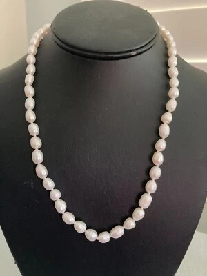 19" White Freshwater Pearl Necklace Stainless Steel Clasp Indiv. Knotted - Image 1 of 4
