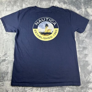 Vintage Nautica Lighthouse Logo T-Shirt USA Made L Navy Blue Graphic Tee - Picture 1 of 9