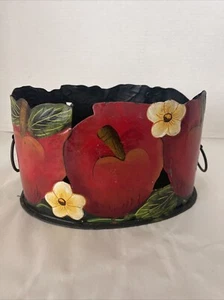 Metall Apfel Blumen Dose Pflanzgefäß Metall handbemalt Volkskunst 9x6x5" mit Griffen - Bild 1 von 13
