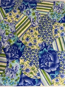 Cotton Quilting Fabric 2 Yards Patchwork Blue Yellow Floral - Picture 1 of 3