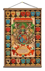 Antique 1611 Heraldry Banner, English Royal Coat of Arms; Canvas, Wooden Hanger - Picture 1 of 20