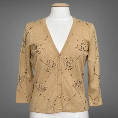 Cárdigan clásico de colección Cache para mujer M camel tostado seda cachemir con cuentas años 90 Foto 1 de 4