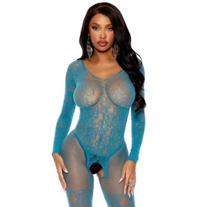 Lace Fishnet Bodystocking Long Sleeves Crotchless Scoop Neckline Jade Blue 12178 - Picture 1 of 9