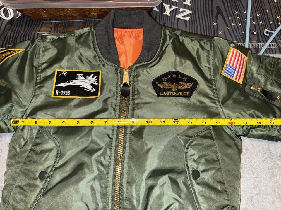 Jaqueta de voo infantil com remendos meninos tamanho médio piloto de caça meninos atualização verde - Imagem 1 de 4